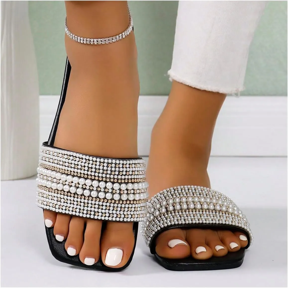 Verdusa Women's Pearl Decor Flat Sandals Slip Open Toe Leather Slippers Slip on Slides