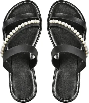 Verdusa Women's Pearls Braided Flat Sandals Open Toe Slip On Beach Slides