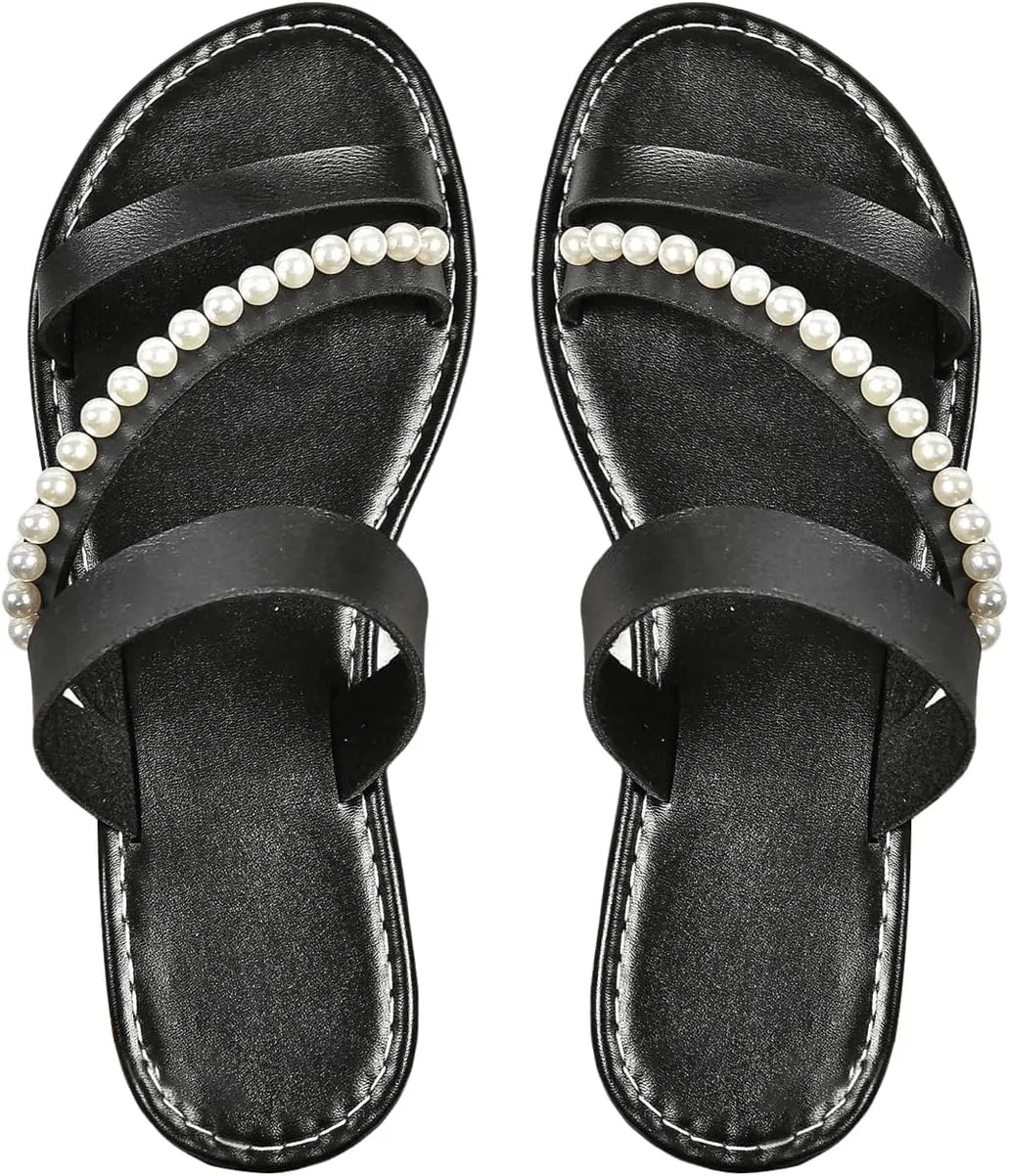 Verdusa Women's Pearls Braided Flat Sandals Open Toe Slip On Beach Slides