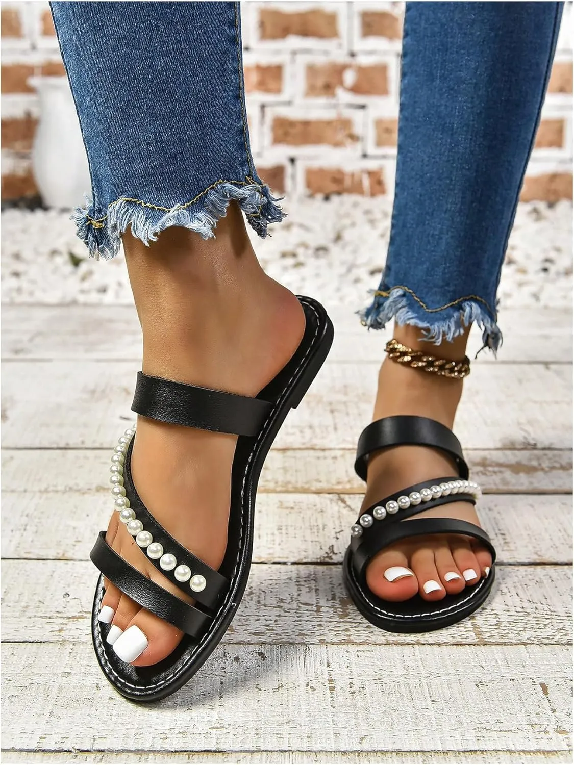 Verdusa Women's Pearls Braided Flat Sandals Open Toe Slip On Beach Slides