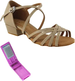 Very Fine Dance Shoes - Ladies Practice, Cuban Low Heel, Waltz, Wedding Dance Shoes - 1670FT - 1-inch Heel and Foldable Brush Bundle - Tan PU - 9
