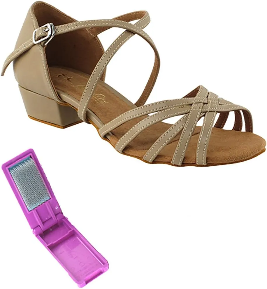 Very Fine Dance Shoes - Ladies Practice, Cuban Low Heel, Waltz, Wedding Dance Shoes - 1670FT - 1-inch Heel and Foldable Brush Bundle - Tan PU - 9