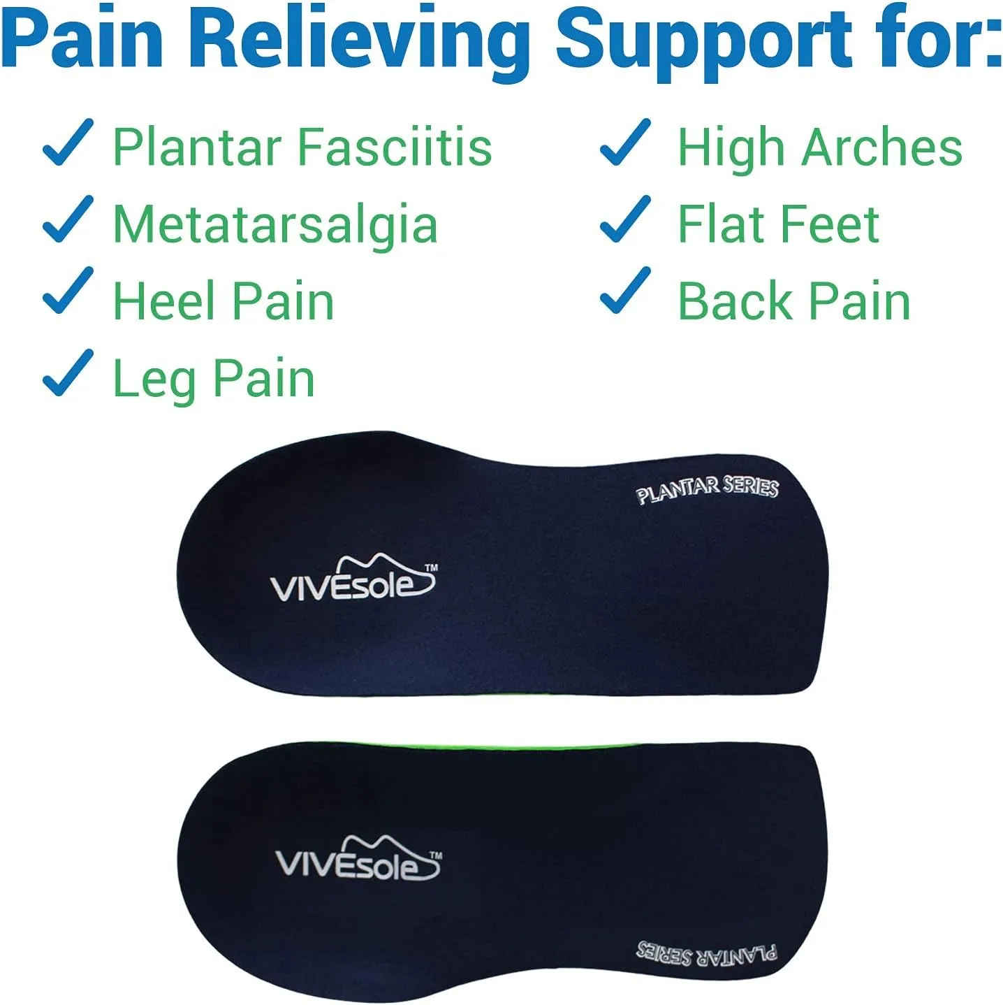 ViveSole 3/4 Plantar Fasciitis Insoles for Women and Men - Orthopedic Inserts for Flat Feet, Arch Support, Fatigue, and Lower Back Pain Relief - Non Odor Foam Cup Support