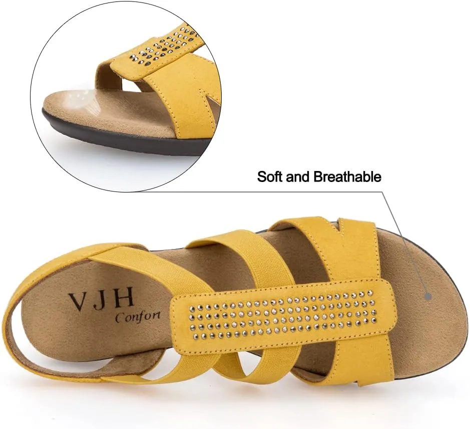 VJH confort Women's Comfort Flat Sandals Summer,with Rhinestone Open Toe Elastic Slip On Slingback Casual Walking Low Heele Sandals
