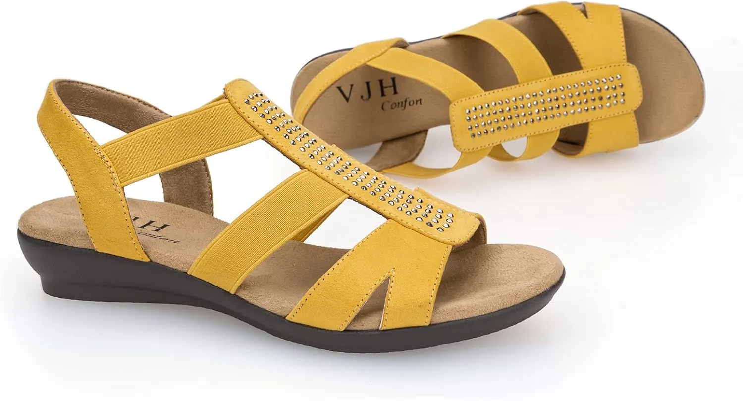 VJH confort Women's Comfort Flat Sandals Summer,with Rhinestone Open Toe Elastic Slip On Slingback Casual Walking Low Heele Sandals
