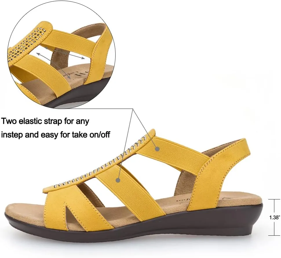 VJH confort Women's Comfort Flat Sandals Summer,with Rhinestone Open Toe Elastic Slip On Slingback Casual Walking Low Heele Sandals
