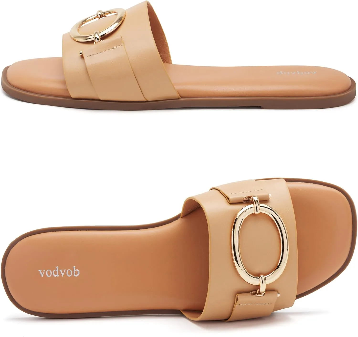 vodvob Women's Flat Sandals Fashion Square Open Toe Metal Chain Summer Dressy Sandals Slip On Casual Slides