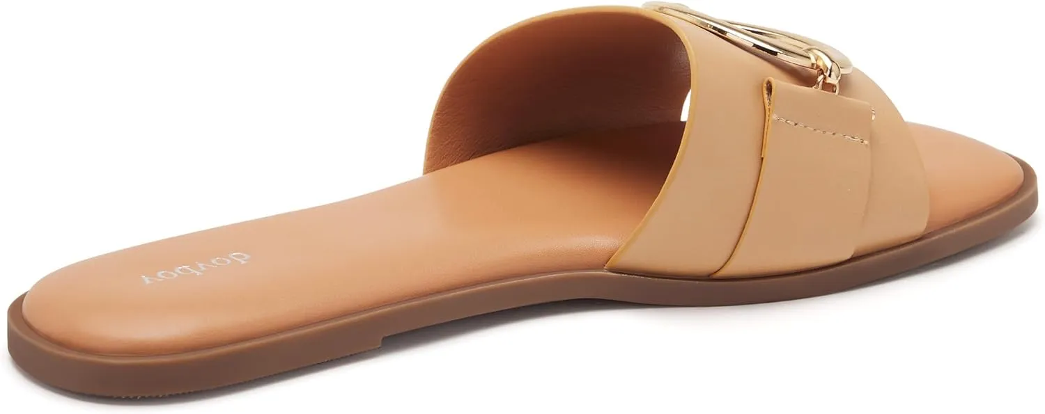 vodvob Women's Flat Sandals Fashion Square Open Toe Metal Chain Summer Dressy Sandals Slip On Casual Slides