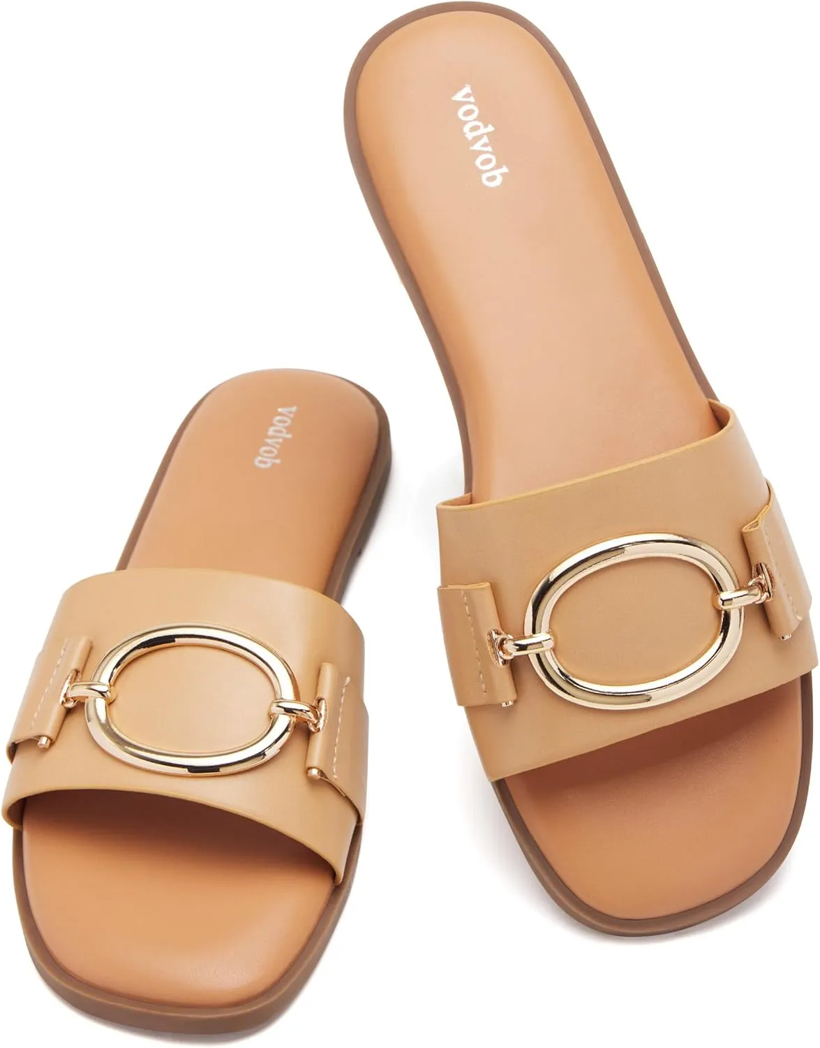 vodvob Women's Flat Sandals Fashion Square Open Toe Metal Chain Summer Dressy Sandals Slip On Casual Slides