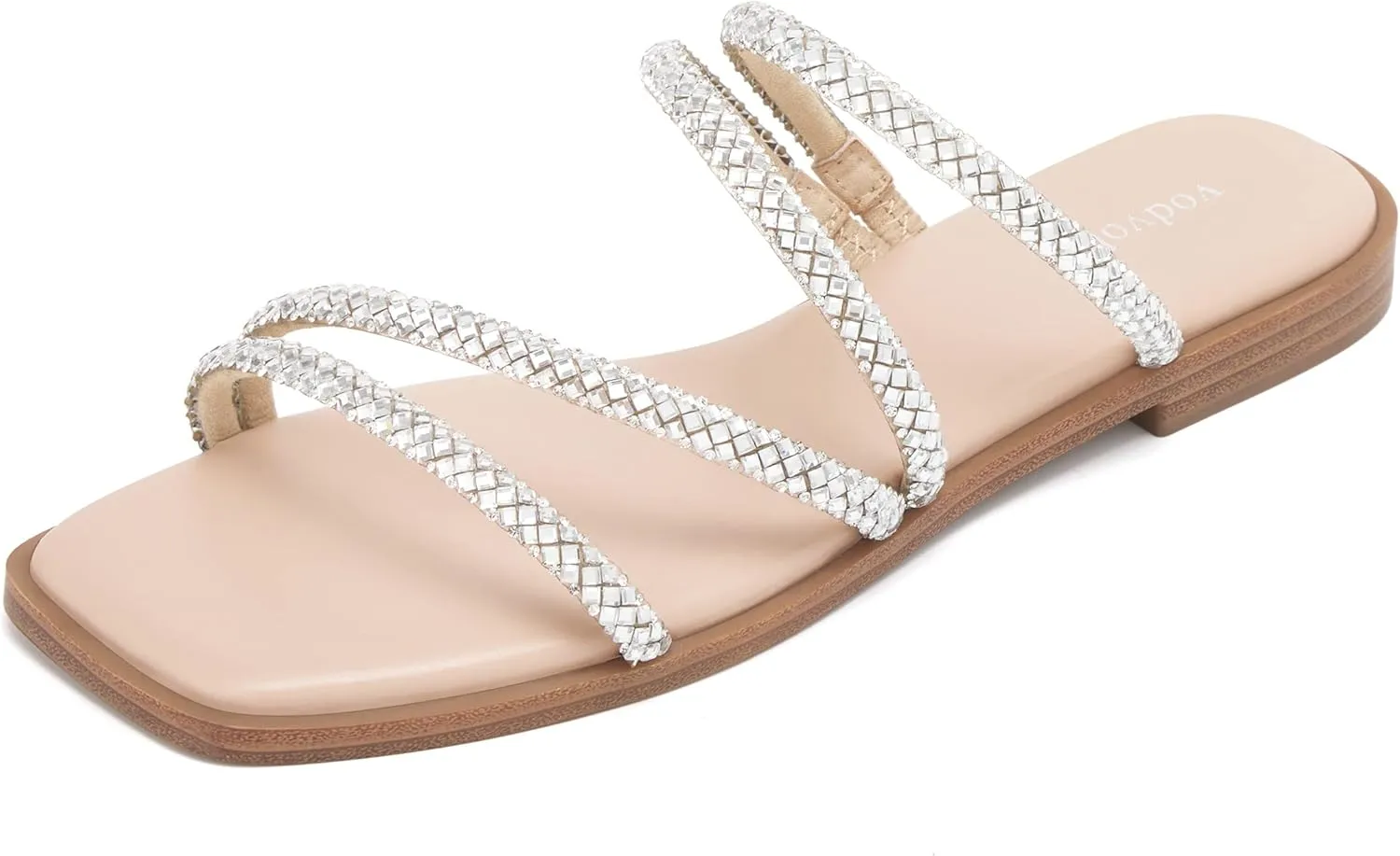vodvob Women's Rhinestone Flat Sandals Slip on Memory Foam Sandals Open Toe Slide Sandals