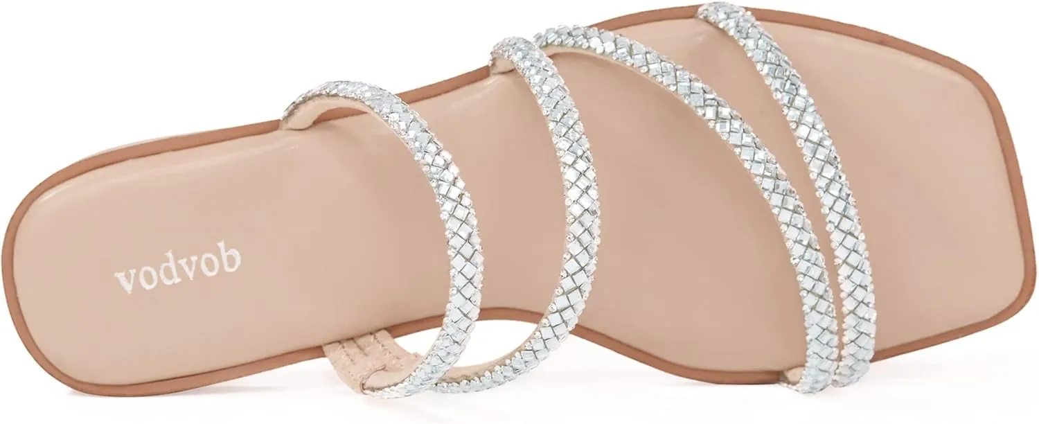 vodvob Women's Rhinestone Flat Sandals Slip on Memory Foam Sandals Open Toe Slide Sandals