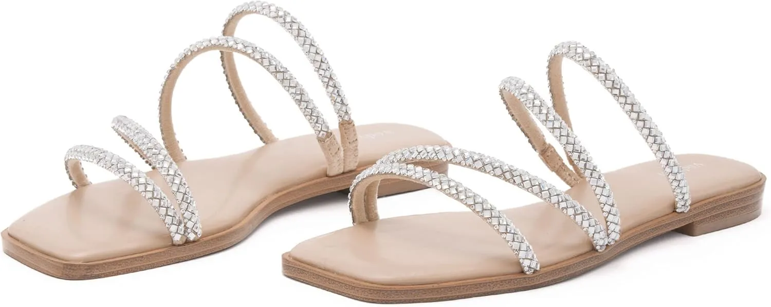 vodvob Women's Rhinestone Flat Sandals Slip on Memory Foam Sandals Open Toe Slide Sandals