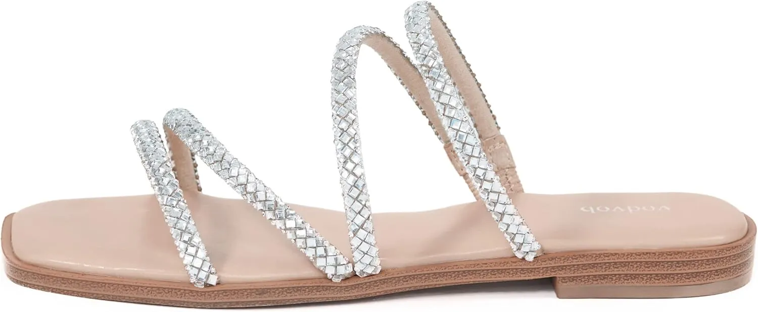vodvob Women's Rhinestone Flat Sandals Slip on Memory Foam Sandals Open Toe Slide Sandals