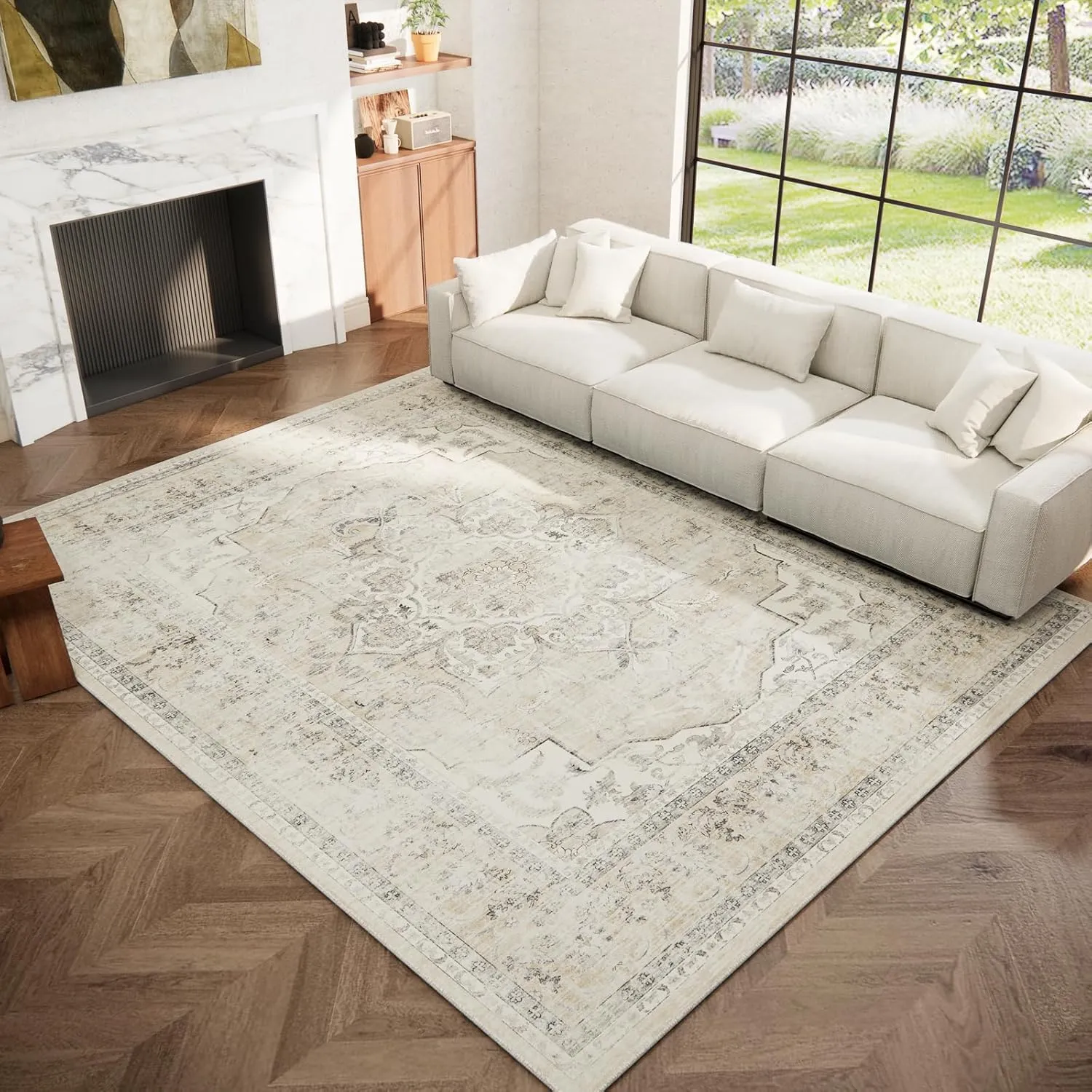 Washable Area Rugs for Living Room: 6'x9' Bedroom Area Rug Boho Stain Resistant Distressed Vintage Accent Rug Non Slip Low Pile Faux Wool Soft Rug for Kitchen Entryway Bedside Nursery Dining Room