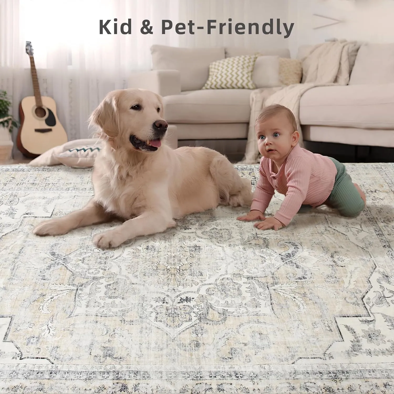 Washable Area Rugs for Living Room: 6'x9' Bedroom Area Rug Boho Stain Resistant Distressed Vintage Accent Rug Non Slip Low Pile Faux Wool Soft Rug for Kitchen Entryway Bedside Nursery Dining Room