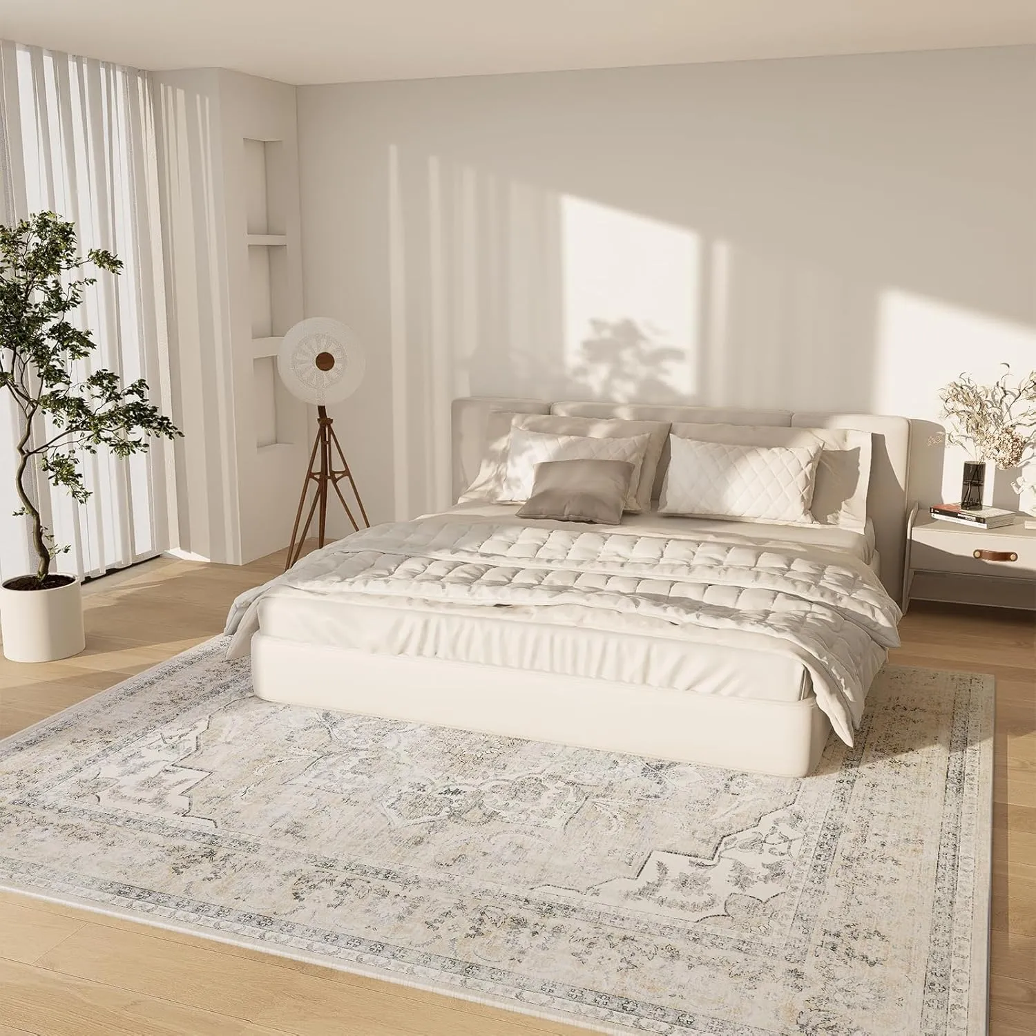 Washable Area Rugs for Living Room: 6'x9' Bedroom Area Rug Boho Stain Resistant Distressed Vintage Accent Rug Non Slip Low Pile Faux Wool Soft Rug for Kitchen Entryway Bedside Nursery Dining Room