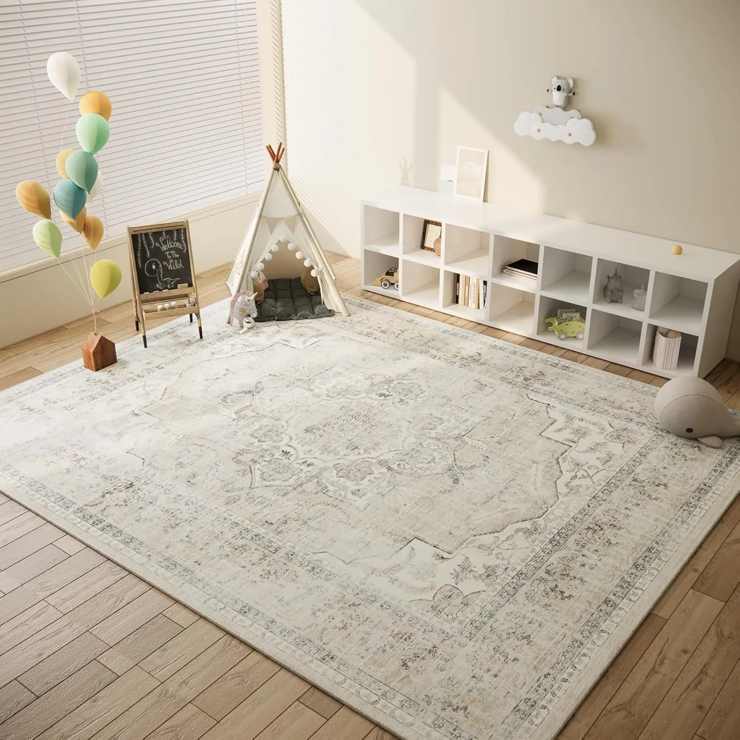 Washable Area Rugs for Living Room: 6'x9' Bedroom Area Rug Boho Stain Resistant Distressed Vintage Accent Rug Non Slip Low Pile Faux Wool Soft Rug for Kitchen Entryway Bedside Nursery Dining Room