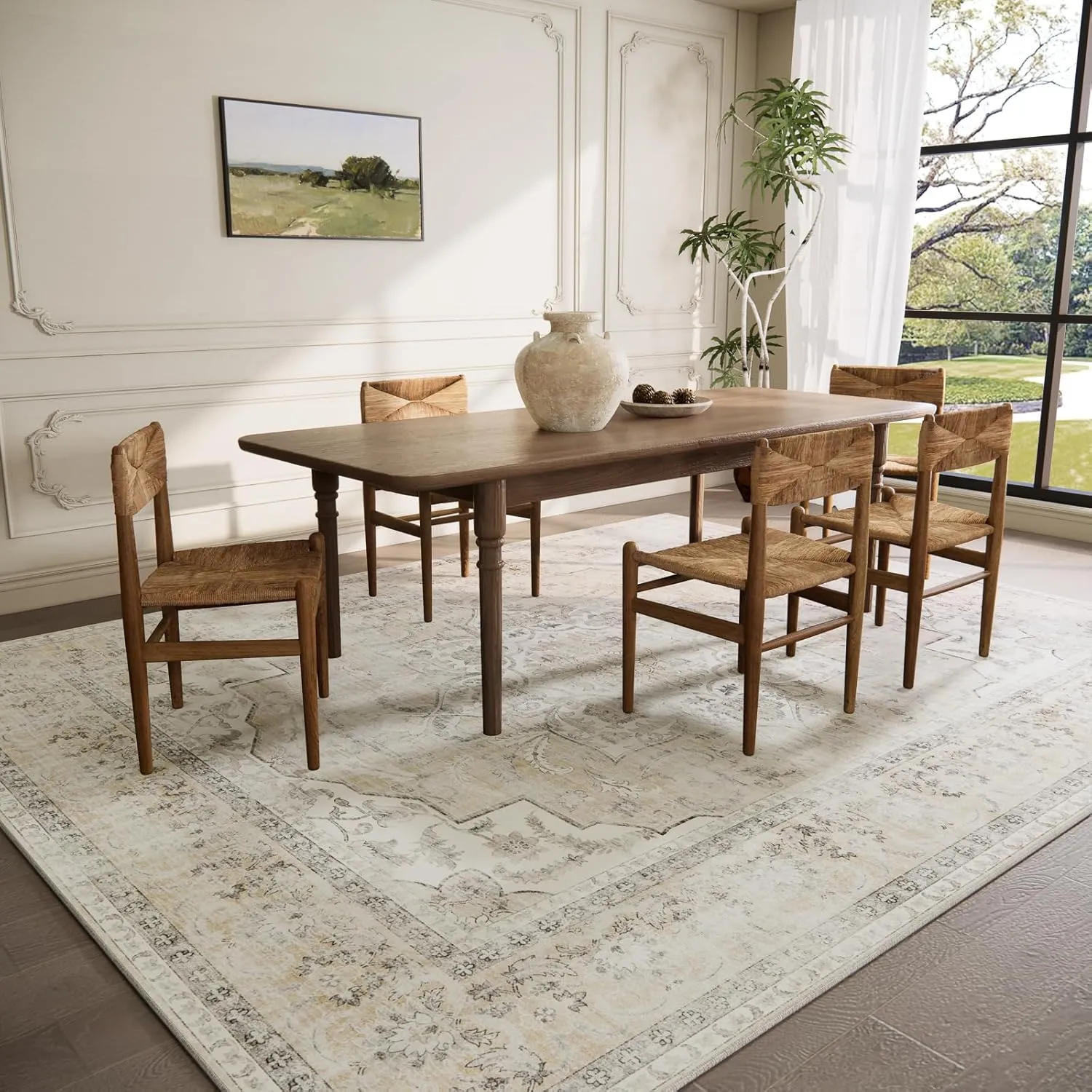 Washable Area Rugs for Living Room: 6'x9' Bedroom Area Rug Boho Stain Resistant Distressed Vintage Accent Rug Non Slip Low Pile Faux Wool Soft Rug for Kitchen Entryway Bedside Nursery Dining Room