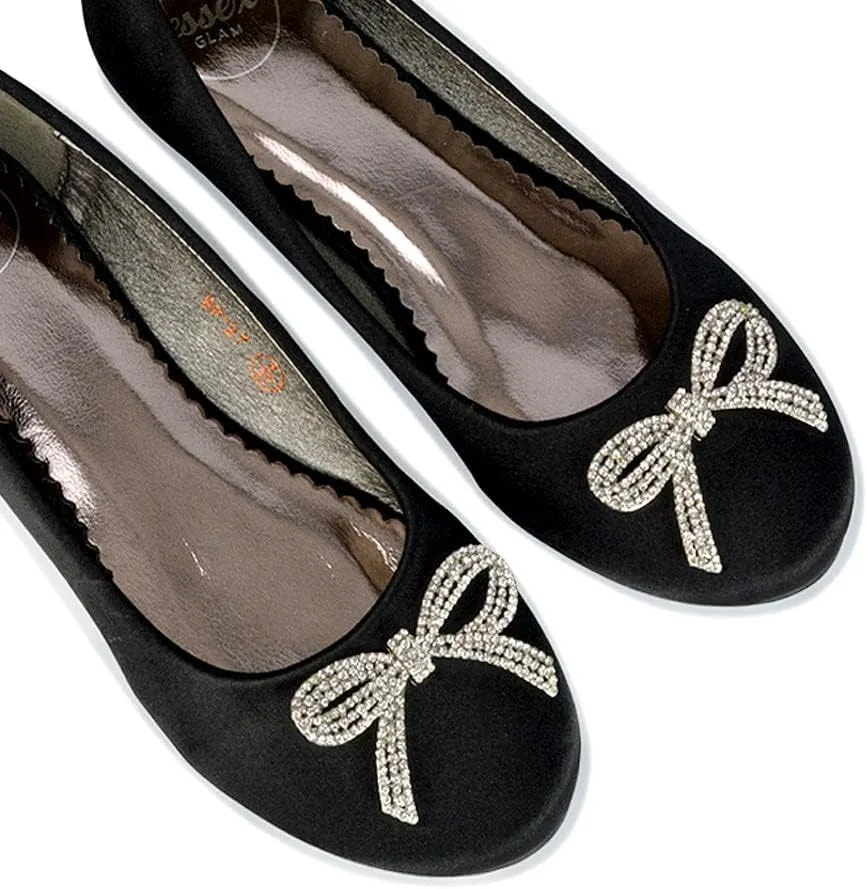 Women Flat Bridal Satin Slip On Ballerina Pumps Ladies Diamante Bow Bridesmaid Shoes