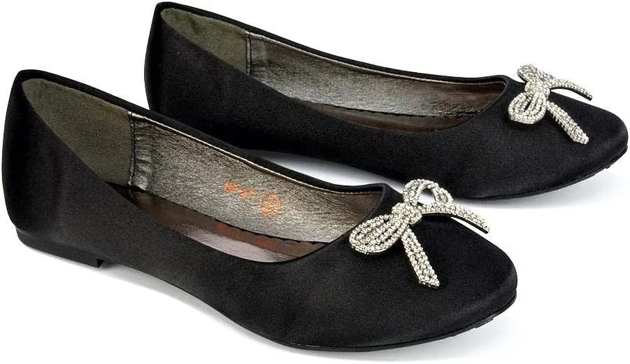 Women Flat Bridal Satin Slip On Ballerina Pumps Ladies Diamante Bow Bridesmaid Shoes