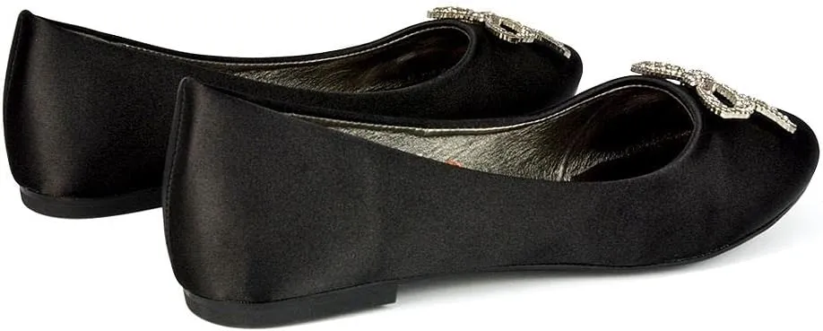 Women Flat Bridal Satin Slip On Ballerina Pumps Ladies Diamante Bow Bridesmaid Shoes