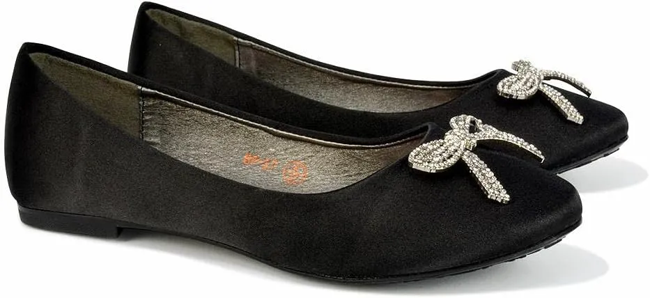 Women Flat Bridal Satin Slip On Ballerina Pumps Ladies Diamante Bow Bridesmaid Shoes