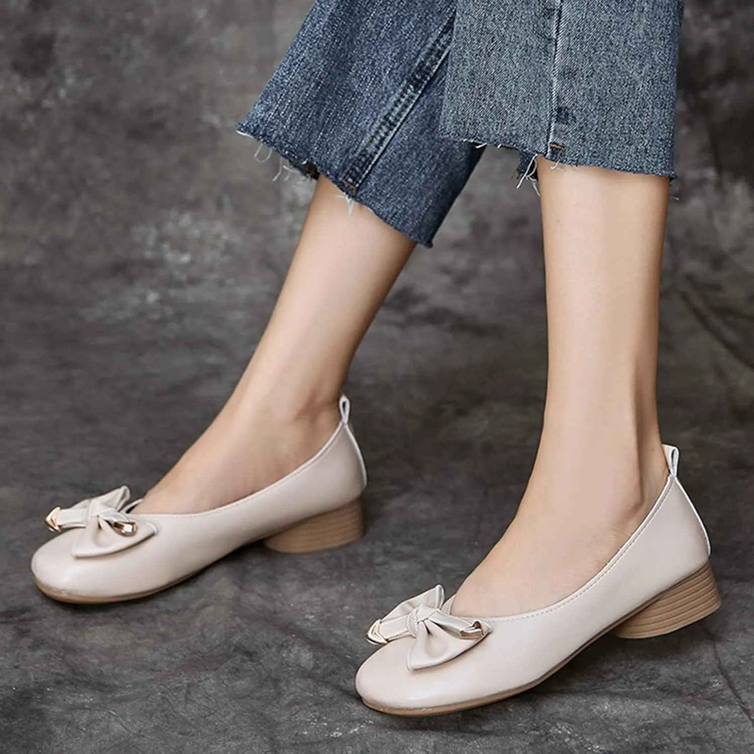 Women Loafers Fashion Shallow Mouth Leather Shoes Fairy Wind Round Toe Bow Casual Shoes Ladies Slip On