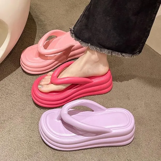 Women Non-Slip Casual Wedges Sandals, Women's Platform Flip Flops, Summer Heeled Slides, Casual Beach Thong Slippers