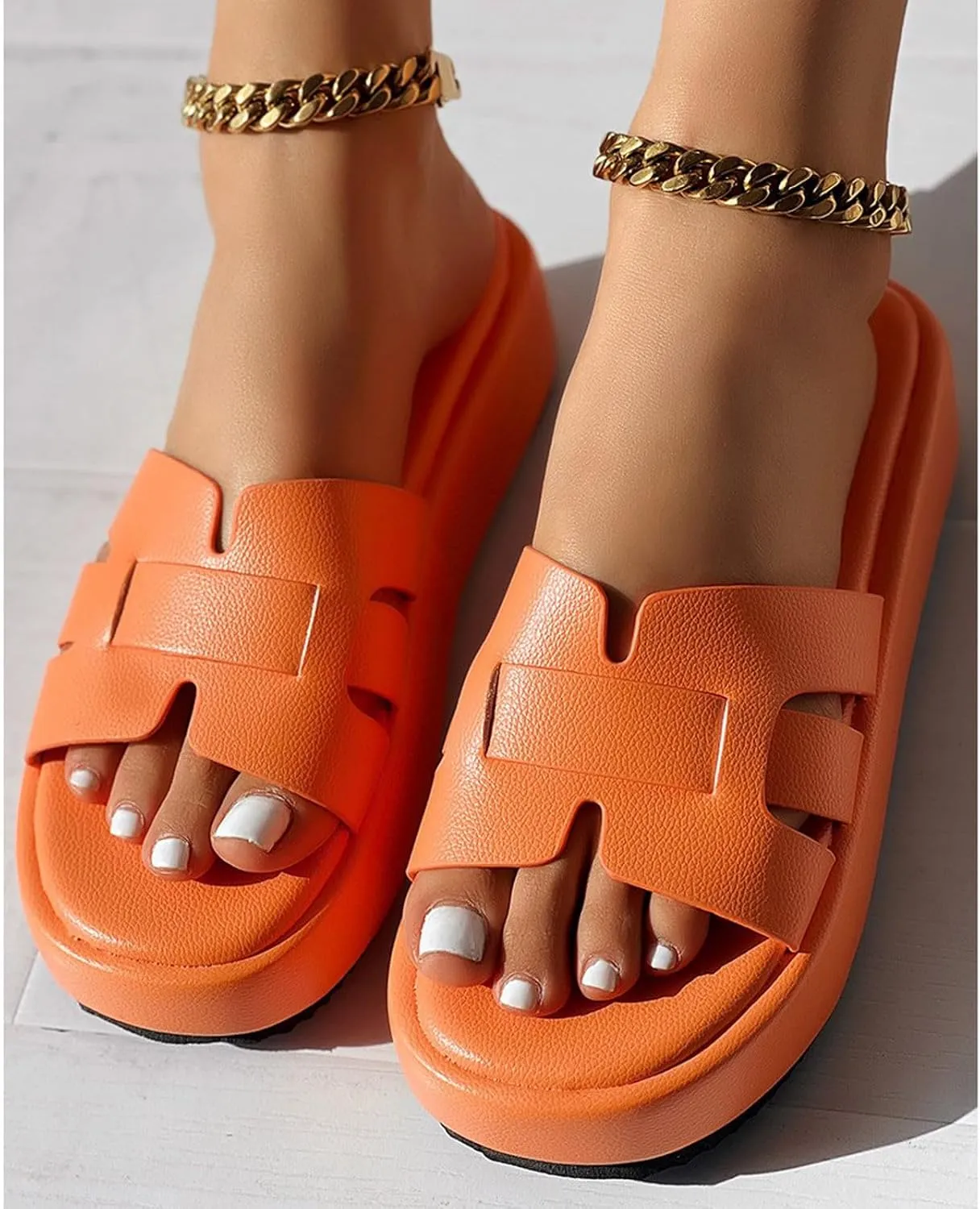 Women Stylish Casual Summer Slipper Vacation Solid PU Slip on Sandals Comfy Anti-Slip Soft Slide Trendy Lounge Sandal