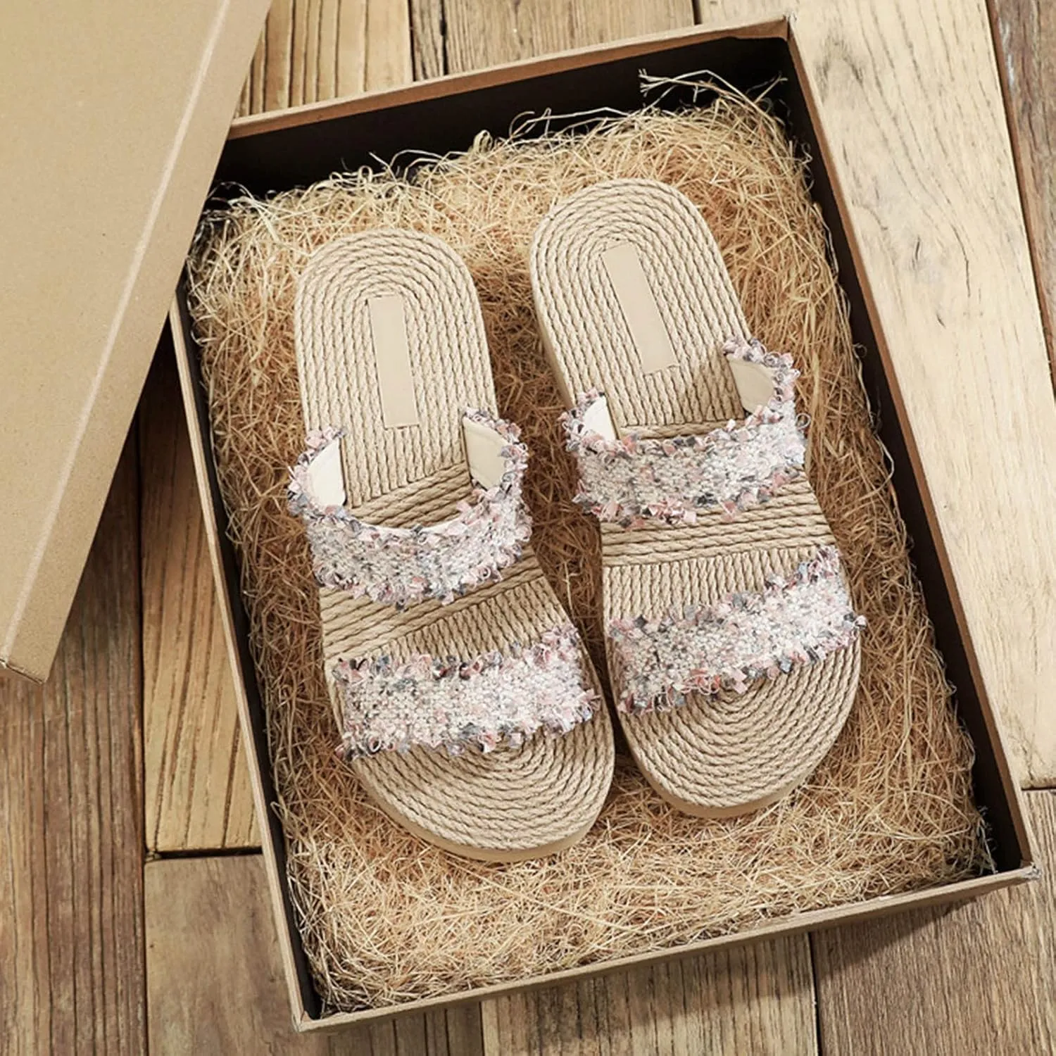 Women's Anti-Slip Strappy Wedge Slipper Solid Distressed Chunky Summer Sandal Open Toe Slip on Slide Vacation Sandals