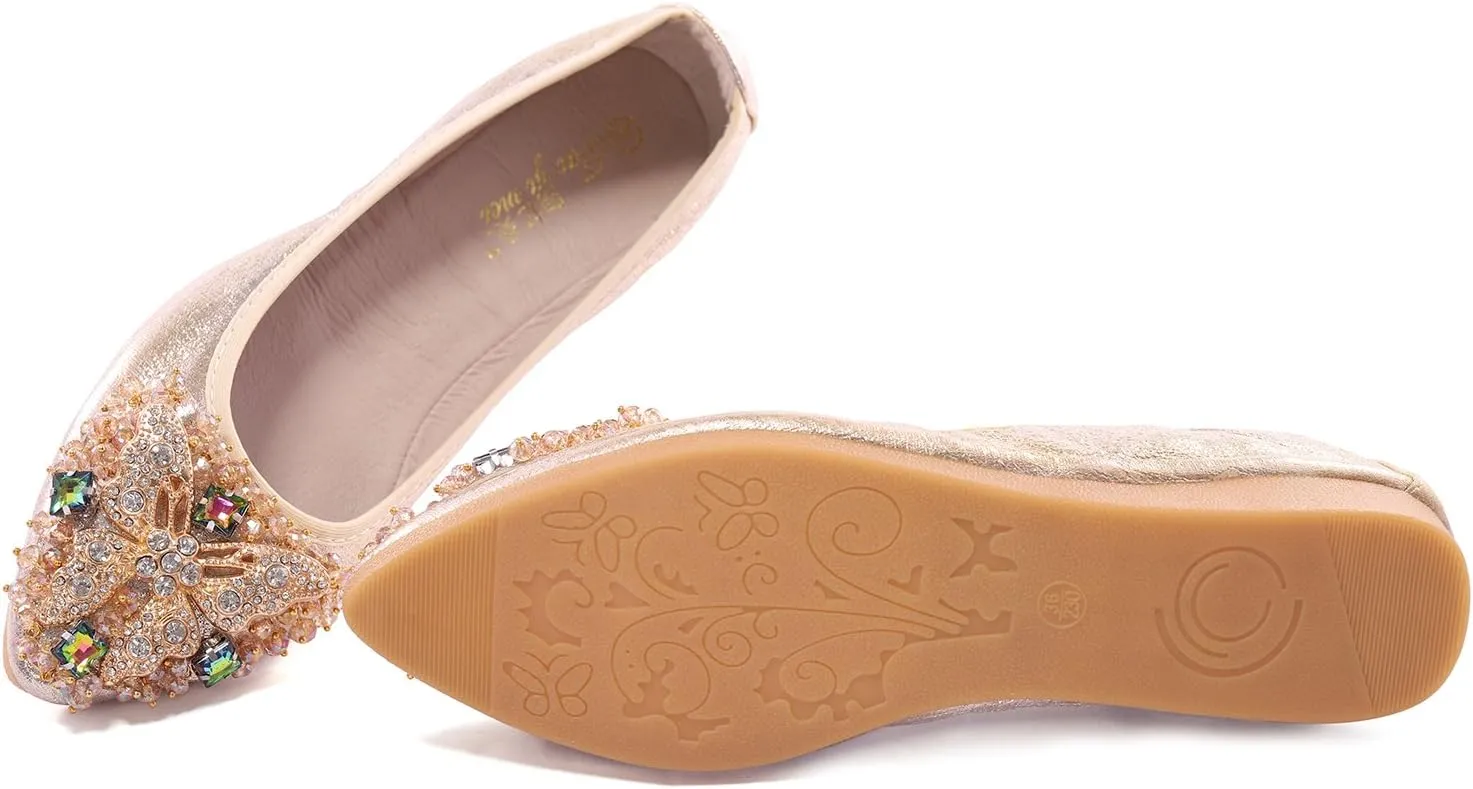 Womens Ballet Flats Foldable Rhinestone Pointed Toe Comfortable Slip on Wedding Flat Shoes Dress Flats for Women