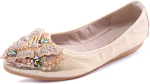 Womens Ballet Flats Foldable Rhinestone Pointed Toe Comfortable Slip on Wedding Flat Shoes Dress Flats for Women