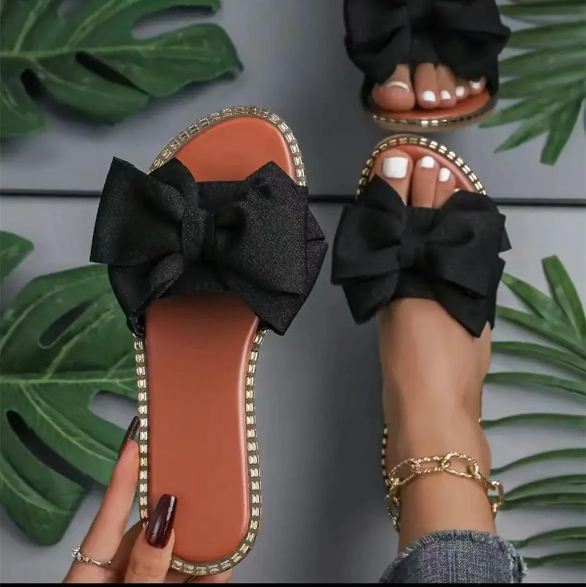 Women's Bow Knot Slides Open Toe Flat Sandals Summer Slip On Slippers