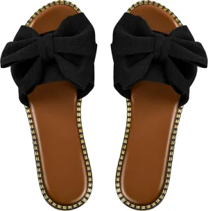 Women's Bow Knot Slides Open Toe Flat Sandals Summer Slip On Slippers