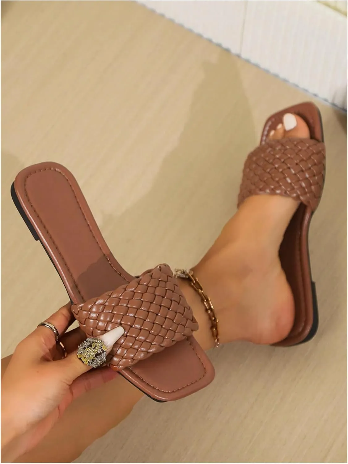 Women's Braided Square Open Toe Flat Sandal Vintage Slip On Leather Sandals