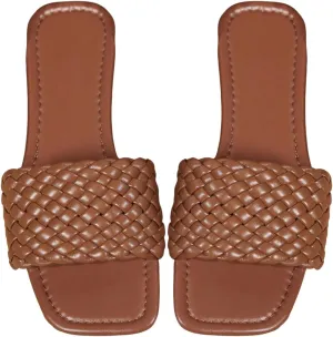 Women's Braided Square Open Toe Flat Sandal Vintage Slip On Leather Sandals