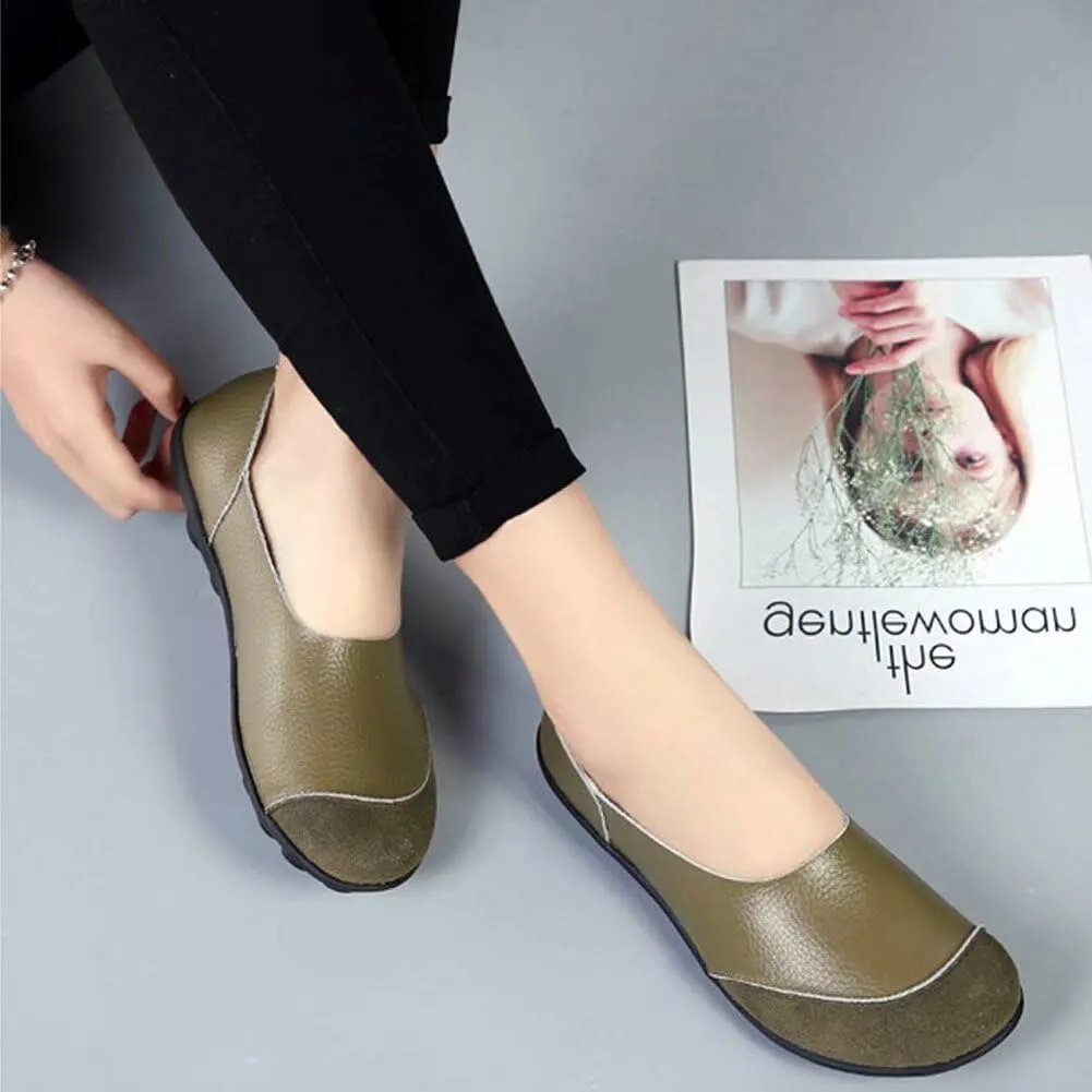 Women's Cowhide Leather Slip-On Moccasins Shoes Flat Slipper Loafers