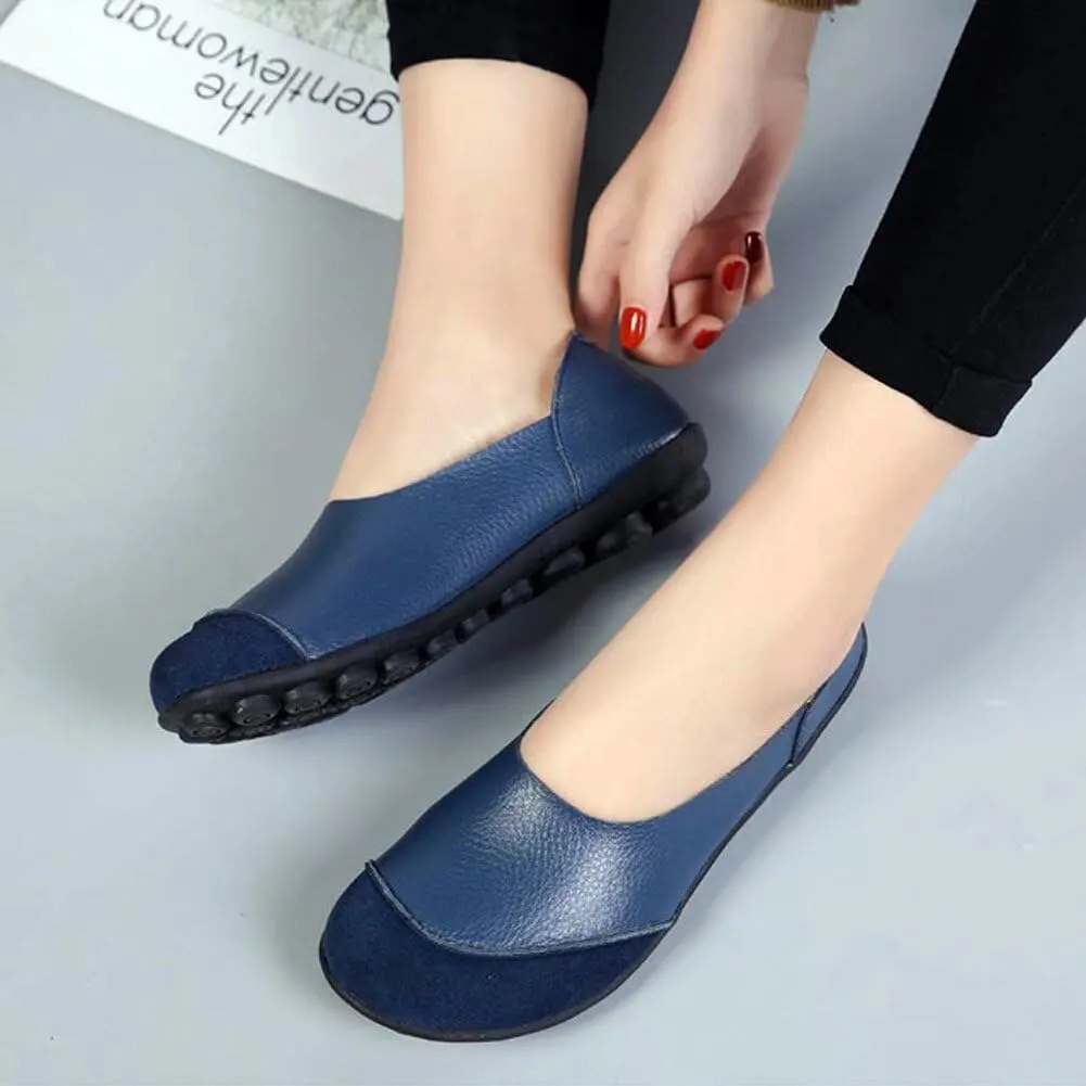 Women's Cowhide Leather Slip-On Moccasins Shoes Flat Slipper Loafers
