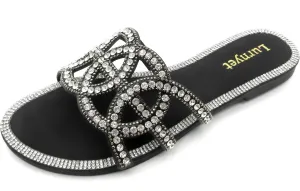 Women's Crystal Rhinestone Comfort Cushion Flat Sandals, Slip-On Slides with Decorative Design, Summer Beach Slippers: Stylish Design, Non-Slip Rubber Sole, Latex Insole for Comfort, Perfect for Shopping, Parties, and Casual Outings