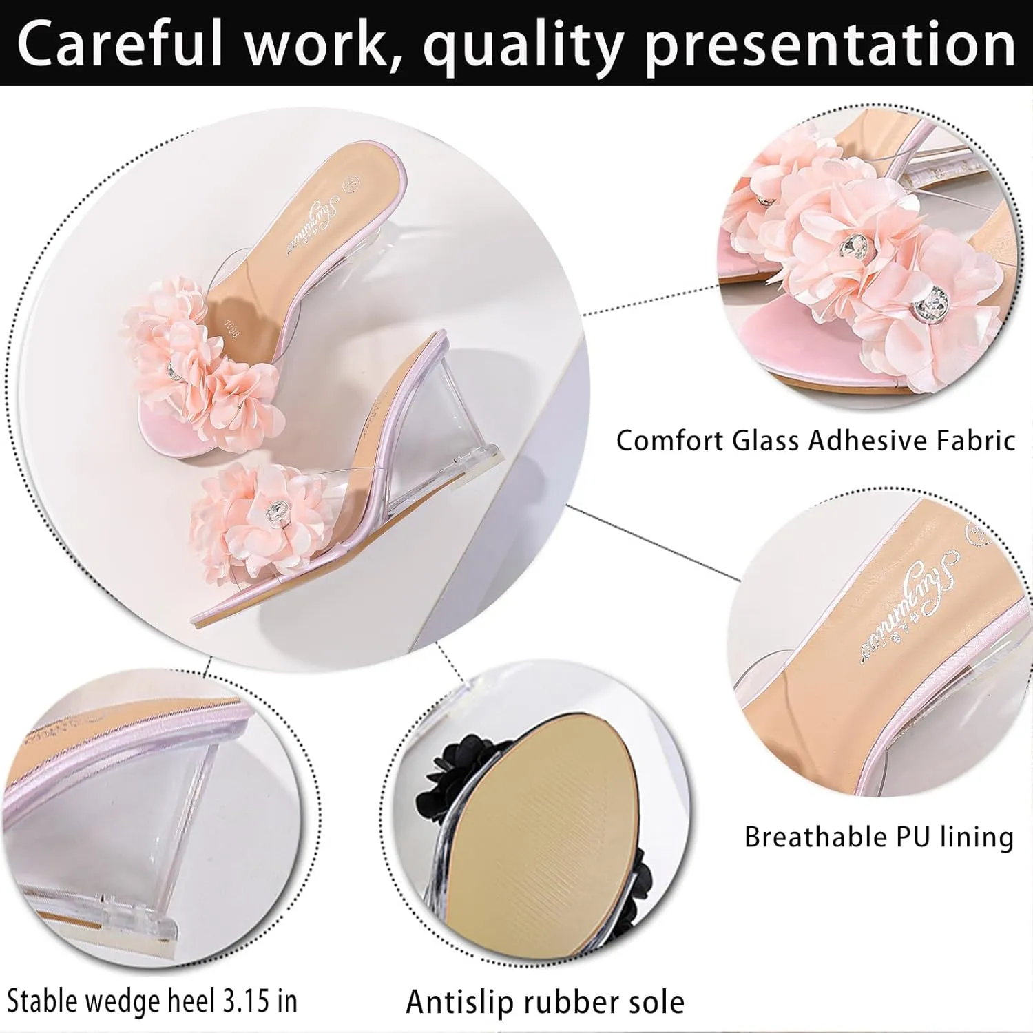 Women's Fashion Crystal Clear Wedge Sandals Round Toe Sexy Open Toe Slip-On 3D Flower Lightweight Dress Slides Sandal