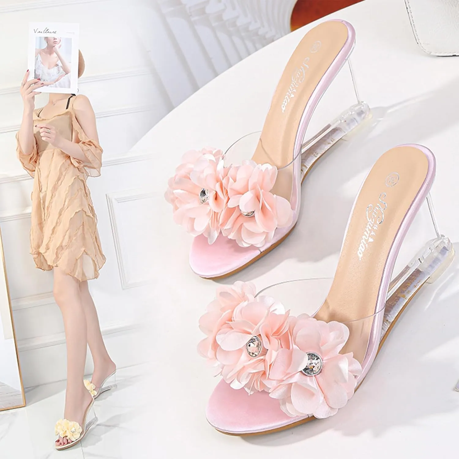 Women's Fashion Crystal Clear Wedge Sandals Round Toe Sexy Open Toe Slip-On 3D Flower Lightweight Dress Slides Sandal