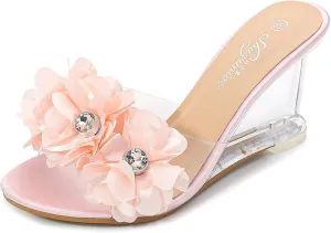 Women's Fashion Crystal Clear Wedge Sandals Round Toe Sexy Open Toe Slip-On 3D Flower Lightweight Dress Slides Sandal