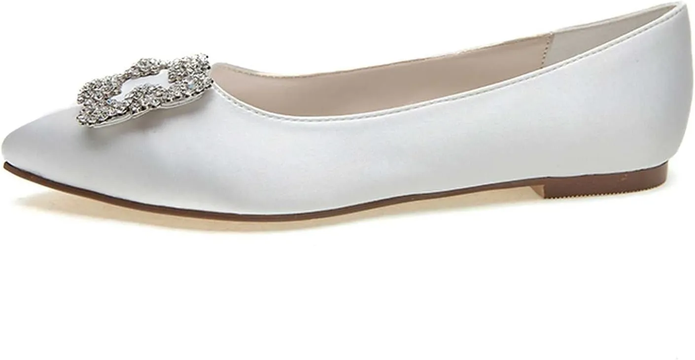 Women's Flat Comfortable Pointy Toe Satin Slip On Rhinestones Faux Work Shoes,Cute Slip On Ballet Flat