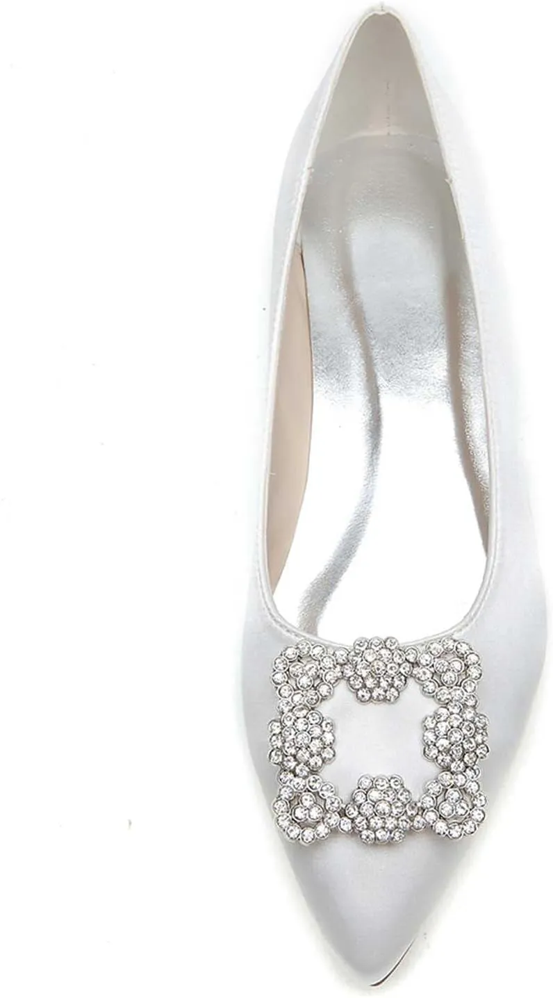 Women's Flat Comfortable Pointy Toe Satin Slip On Rhinestones Faux Work Shoes,Cute Slip On Ballet Flat