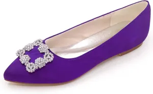 Women's Flat Comfortable Pointy Toe Satin Slip On Rhinestones Faux Work Shoes,Cute Slip On Ballet Flat