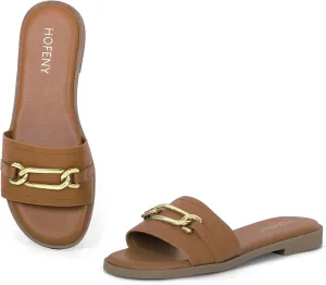 Womens Flat Sandals Round Open Toe Slip On Leather Slides for Summer