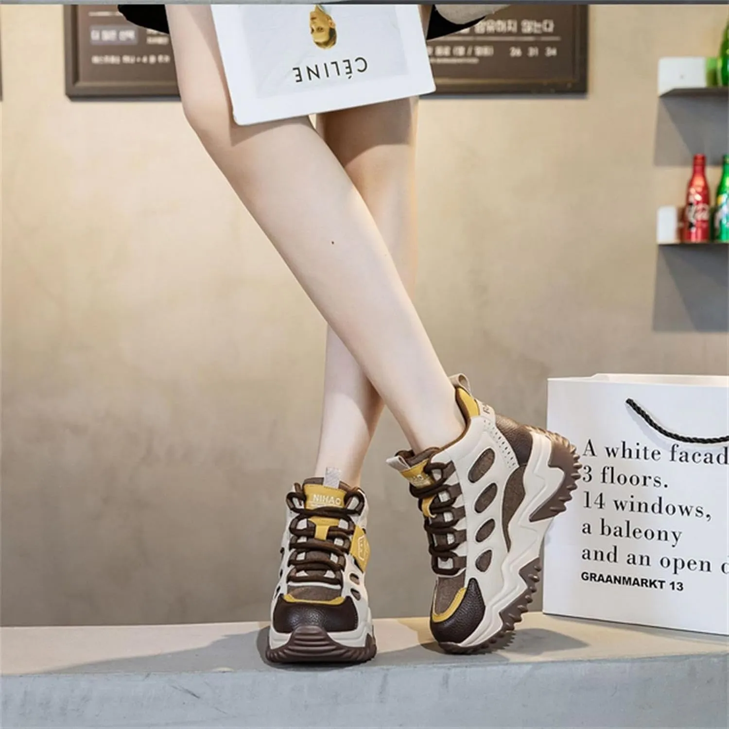 Women's Girl's Lace Up Platform Inner Heightening Chic Sneakers Breathable Casual Walking Shoe Lightweight Non Slip Workout Shoes