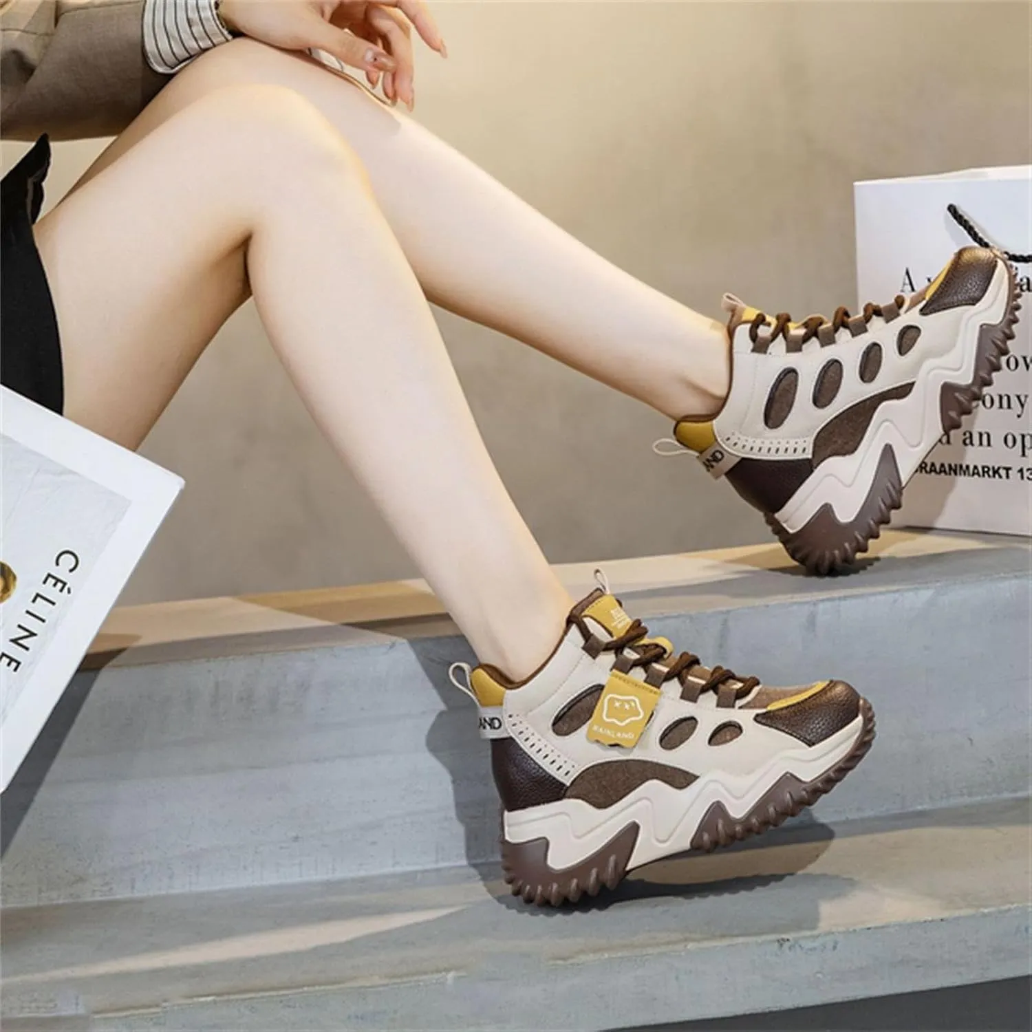 Women's Girl's Lace Up Platform Inner Heightening Chic Sneakers Breathable Casual Walking Shoe Lightweight Non Slip Workout Shoes