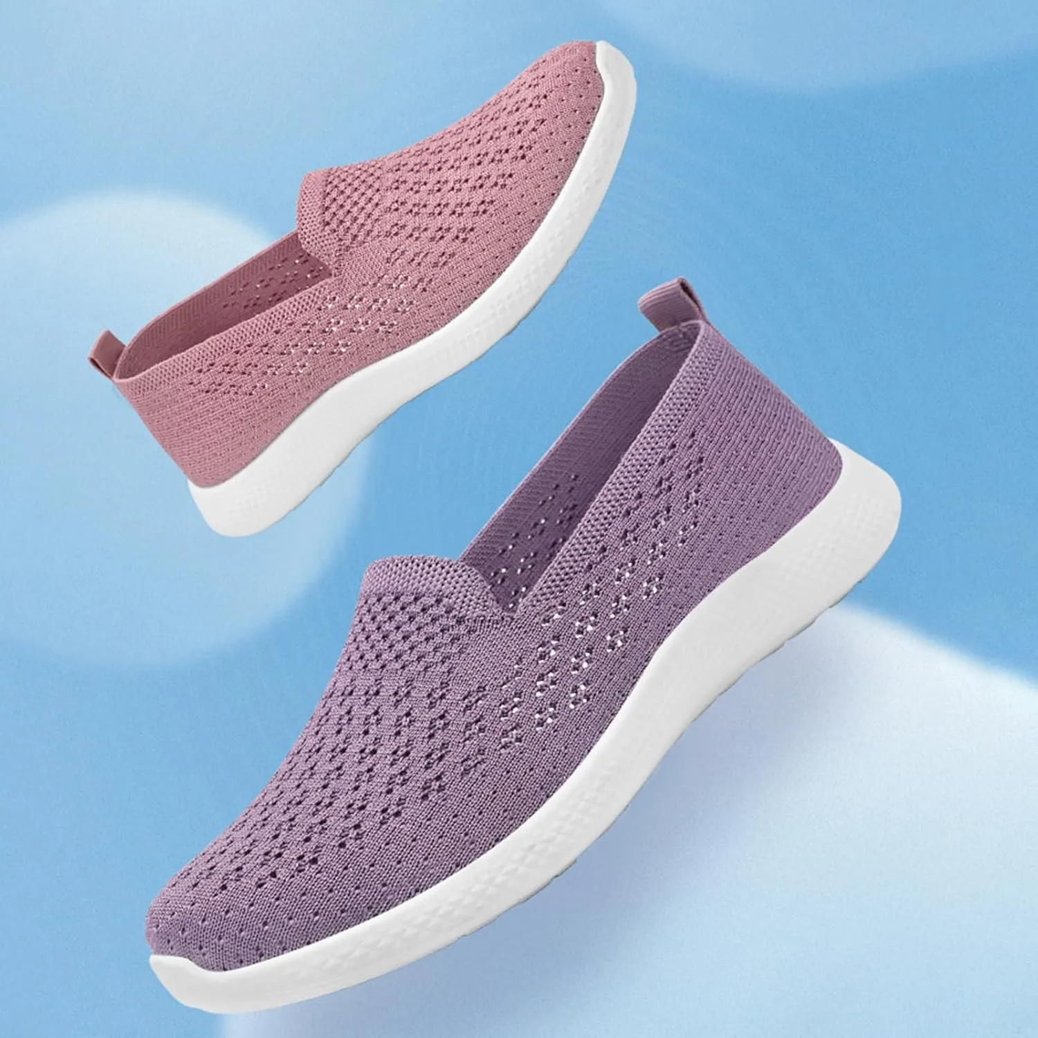 Women's Hollow Knitted Slip On Walking Shoes Comfortable Breathable Mesh Nurse Shoes Memory Foam Casual Non-Slip Sneakers