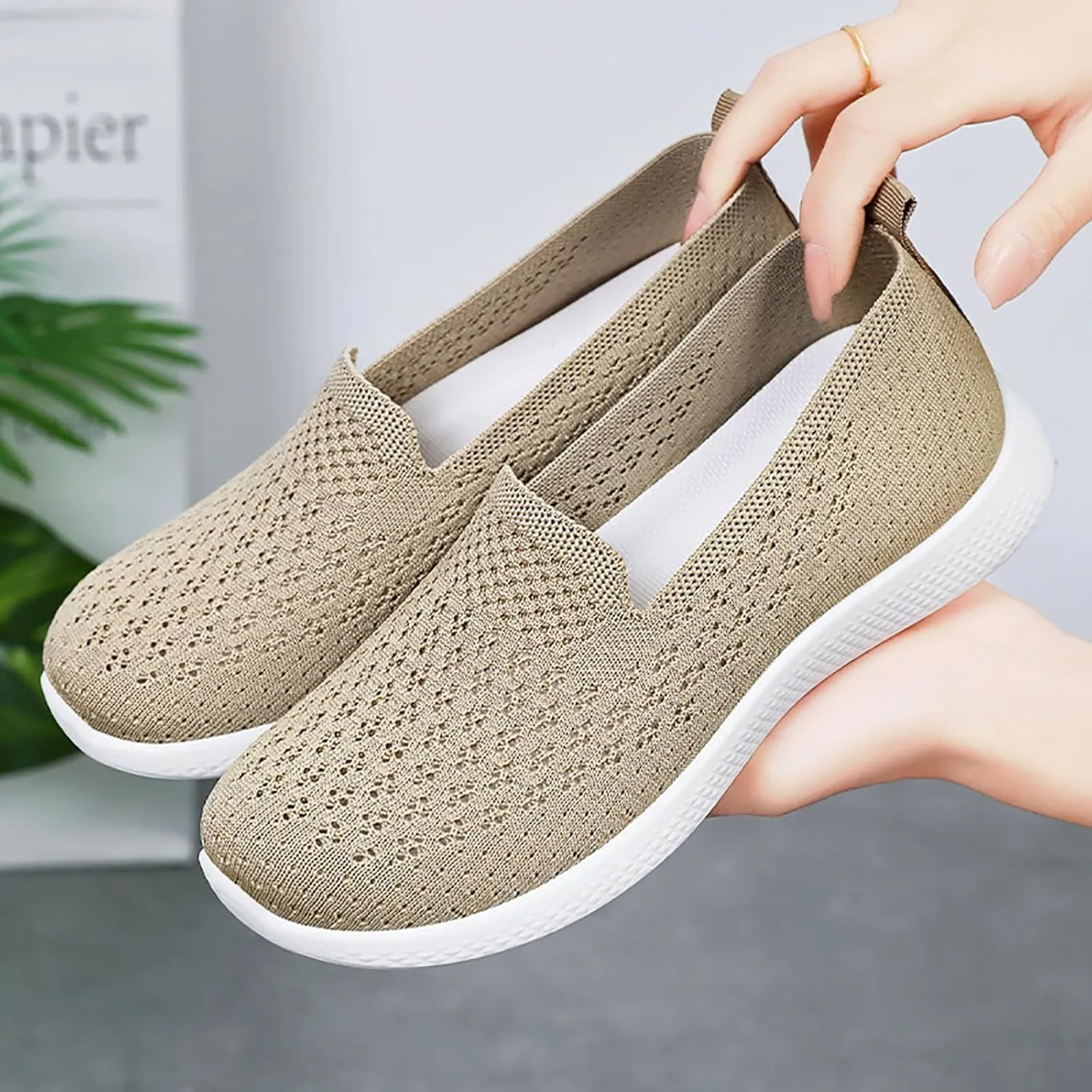 Women's Hollow Knitted Slip On Walking Shoes Comfortable Breathable Mesh Nurse Shoes Memory Foam Casual Non-Slip Sneakers